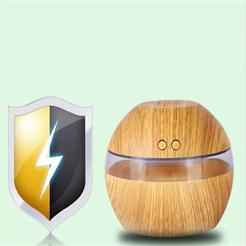 Brown wood grain USB desktop humidifier with 200ml water tank on a desk