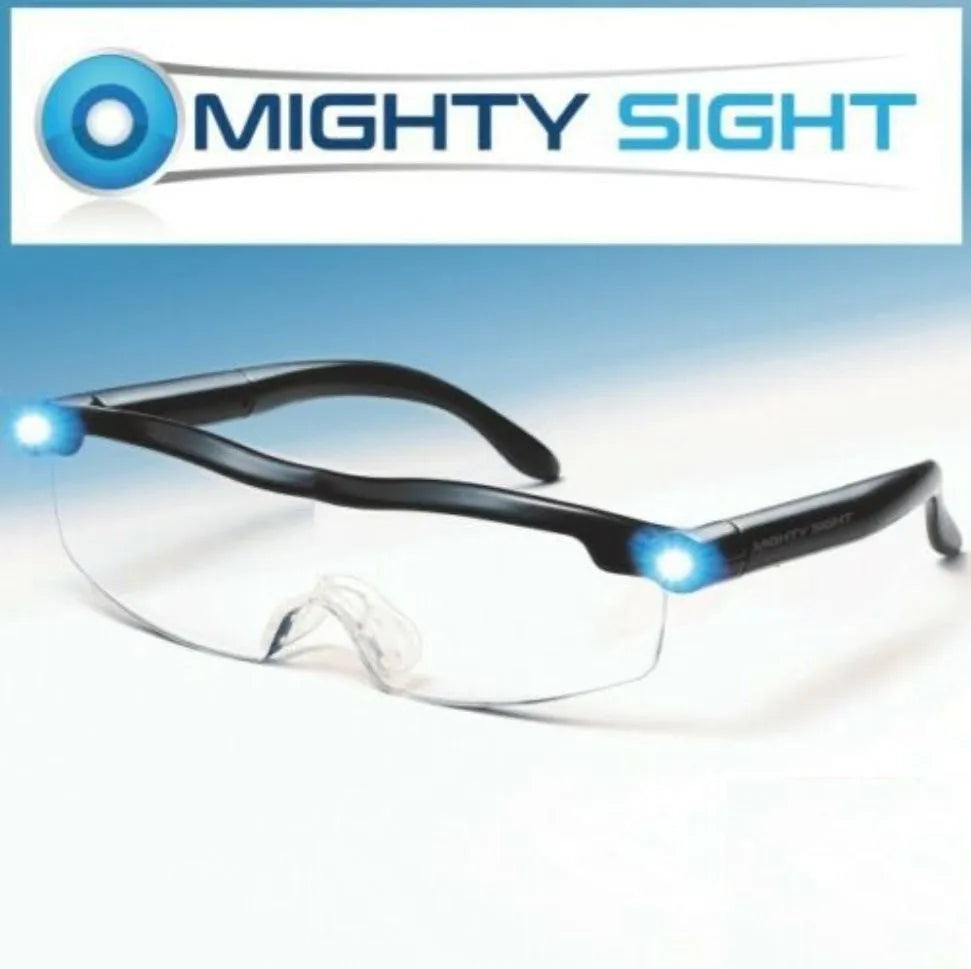 Transparent black USB LED reading glasses with built-in light on the frame.