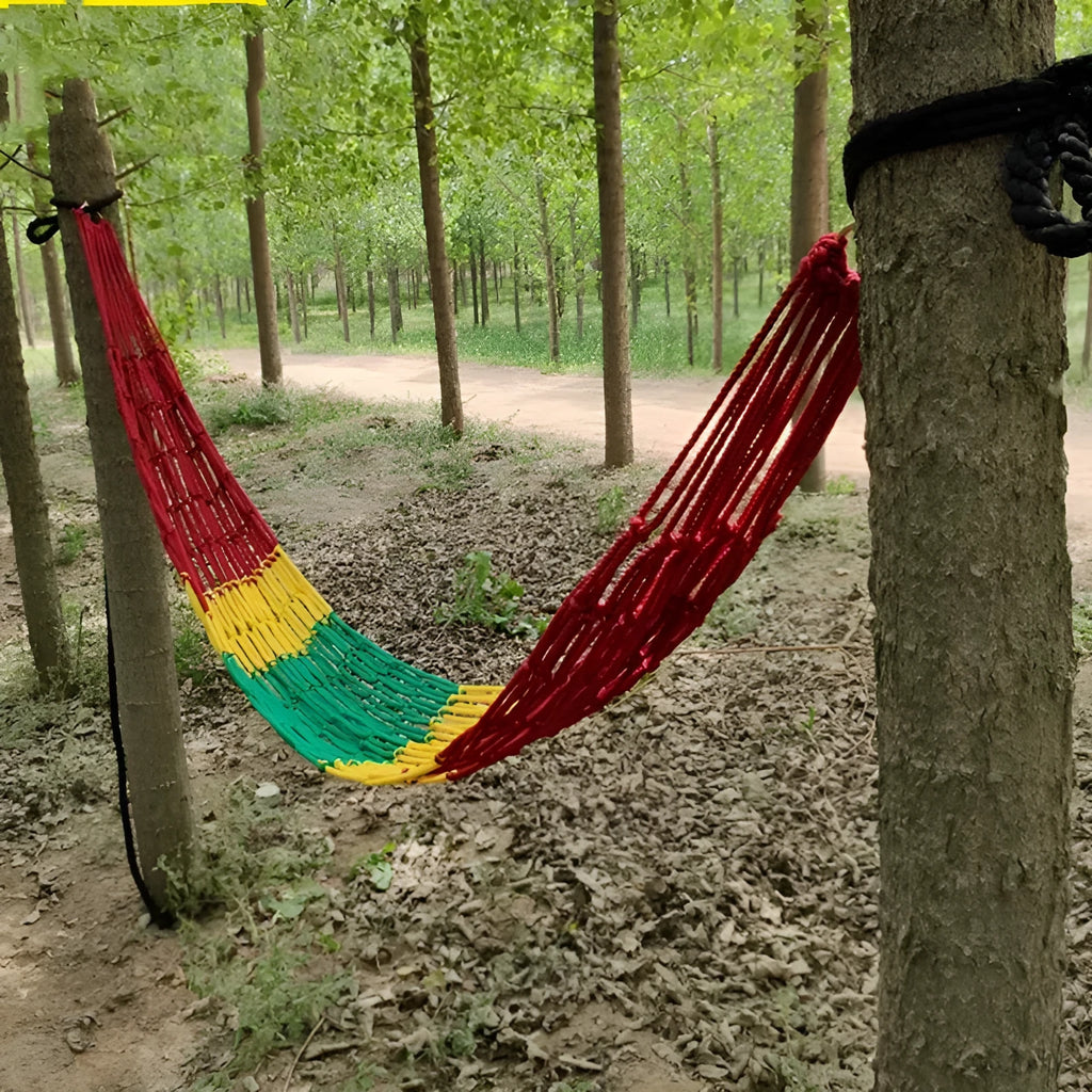 Nylon rope mesh hammock with tying system shown outdoors