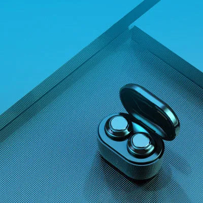 Black wireless stereo Bluetooth over-ear headset with earplug design on a white background.
