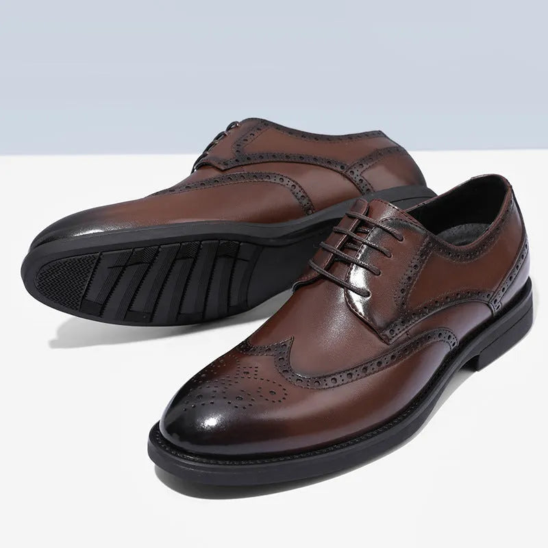 Men's black and brown brogue leather shoes with traditional perforated detailing for business wear