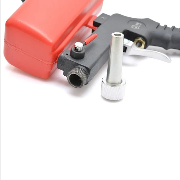 Portable blue pneumatic sandblasting gun with gravity feed tank and nozzle.