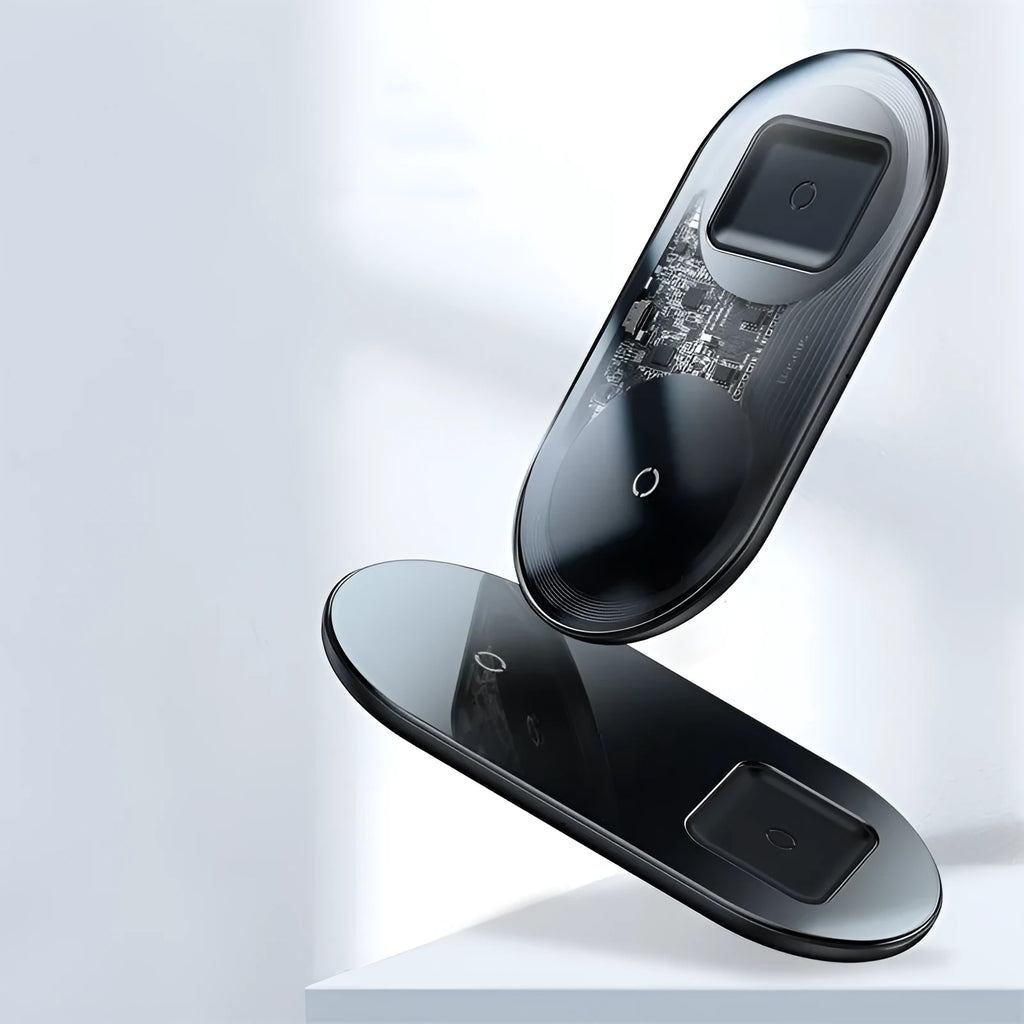 Two-in-one wireless charger, black aluminium and tempered glass, with charging light indicator, on a desk
