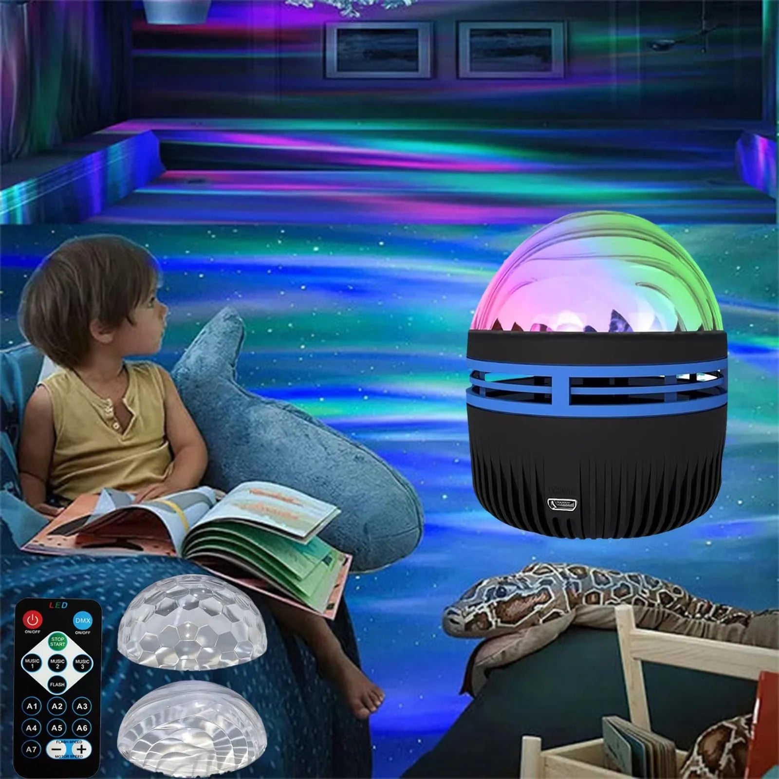 Silver LED galaxy projector lamp with acrylic shade on a table, showing starry light projection on a blue wall.