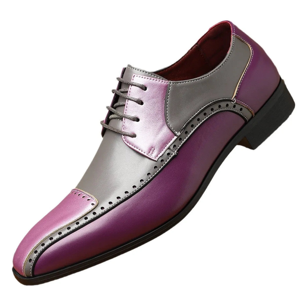 Men's low-top leather shoes in black, green, or purple with stitching detail and a leather toe cap.