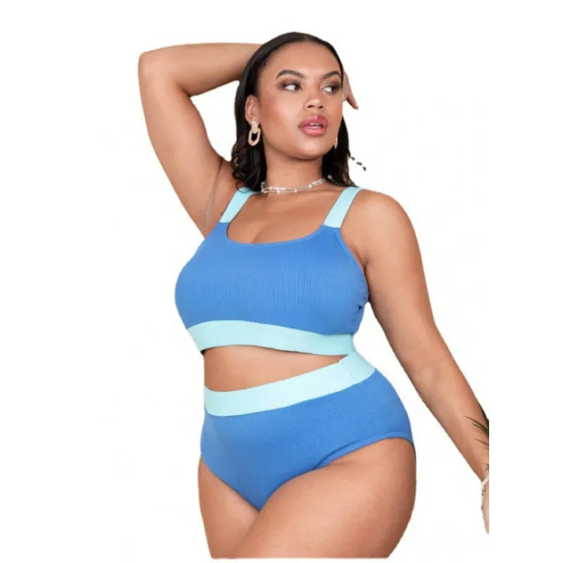 Women's high-waist bikini set in pure colour with split styling and stitching detail