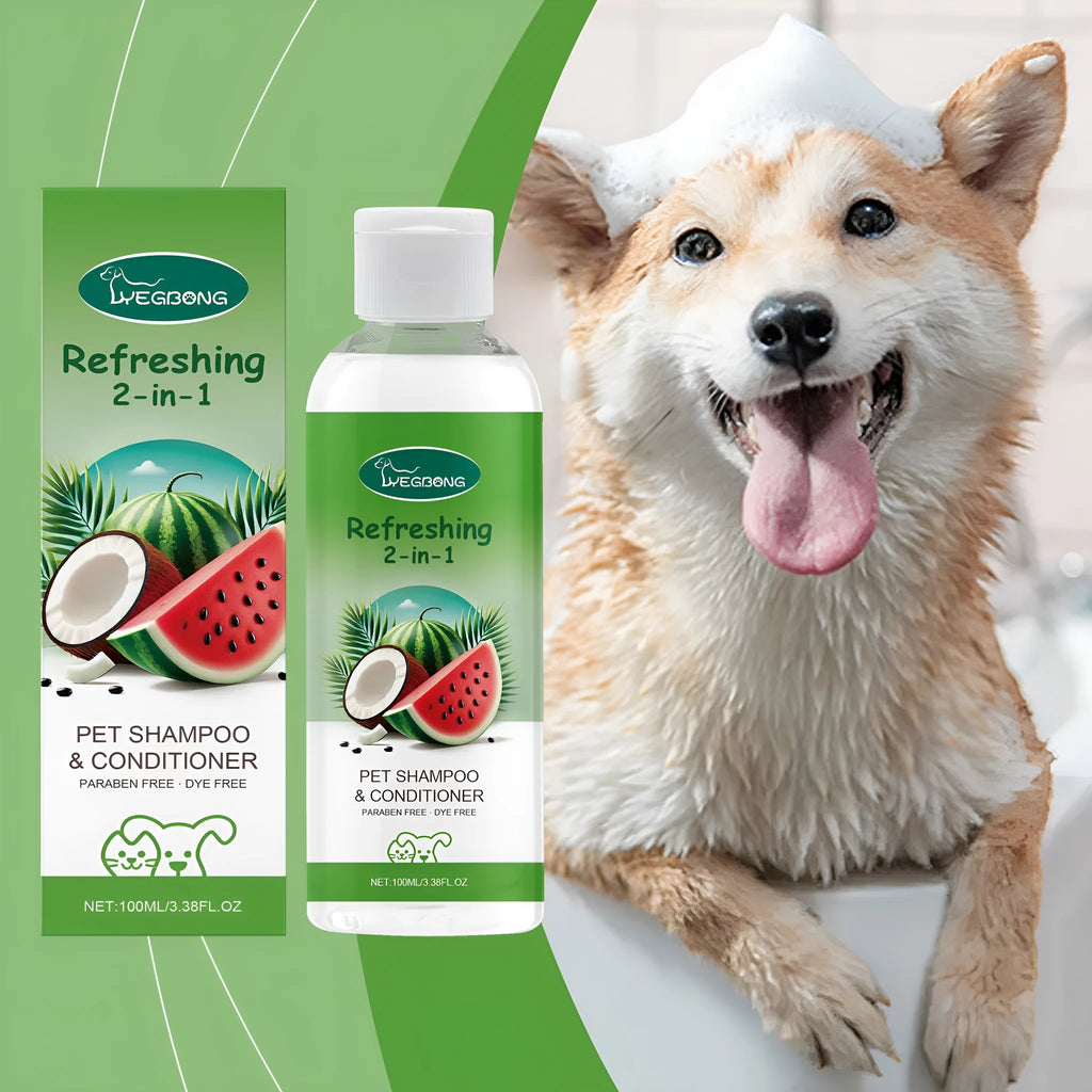 100ml bottle of pet 2-in-1 shampoo and shower gel with watermelon and coconut extract.