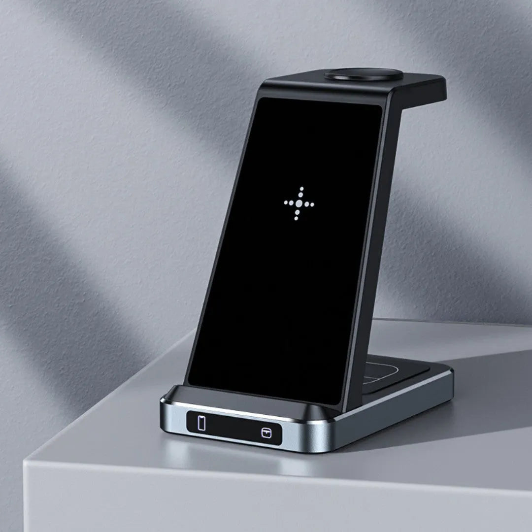 X2 three-in-one wireless charger in black charging a phone, watch, and earbuds