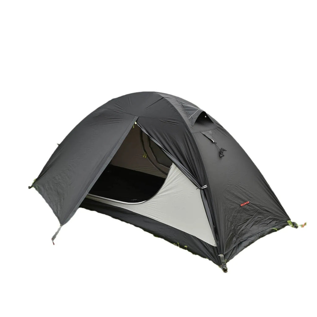 Single person camping tent with aluminium poles shown in black colour with waterproof outer layer and mesh ventilation panels