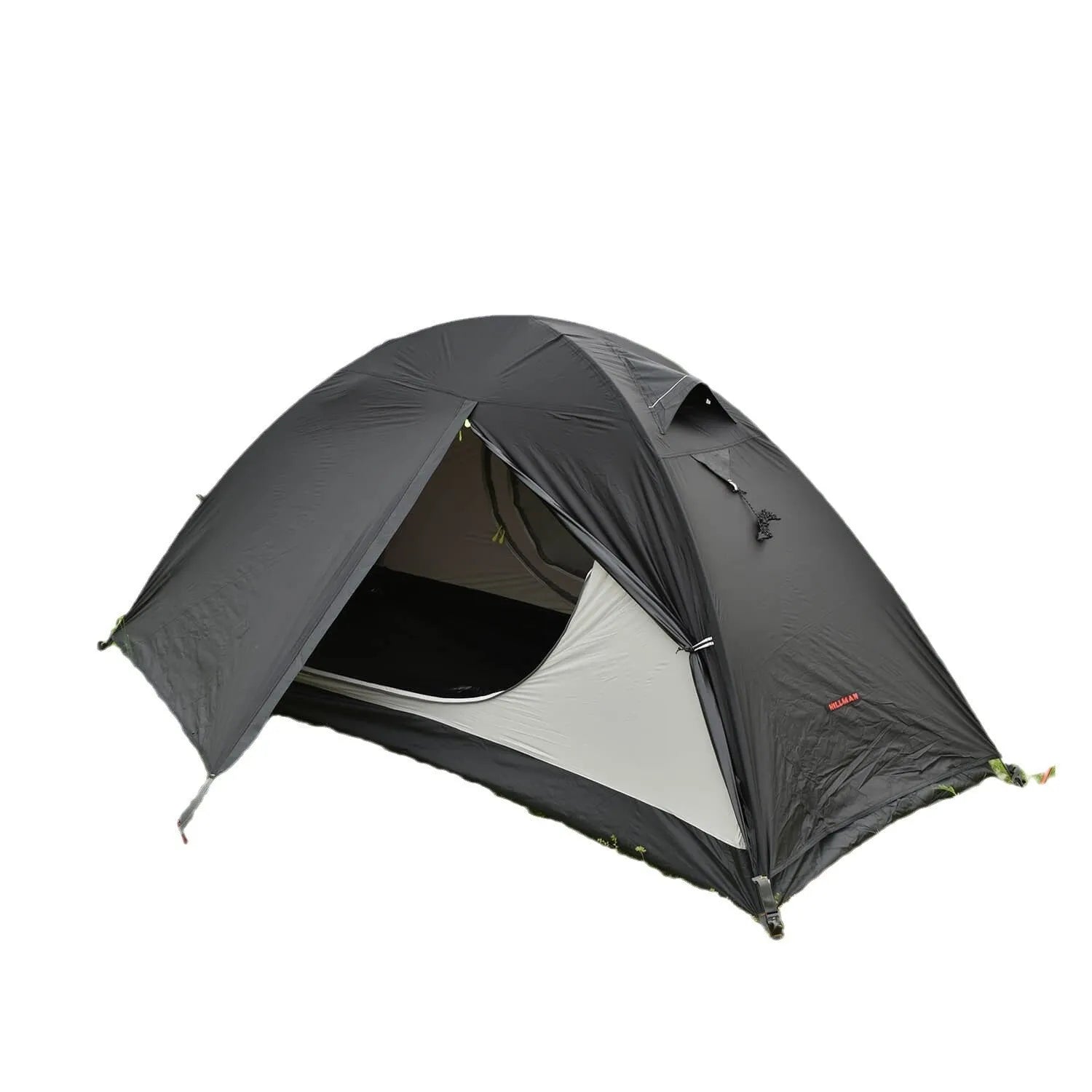 Single person camping tent with aluminium poles shown in black colour with waterproof outer layer and mesh ventilation panels