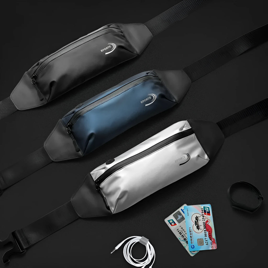 Men's blue Derm Oxford polyester waterproof sports waist bag showing size and belt clip.