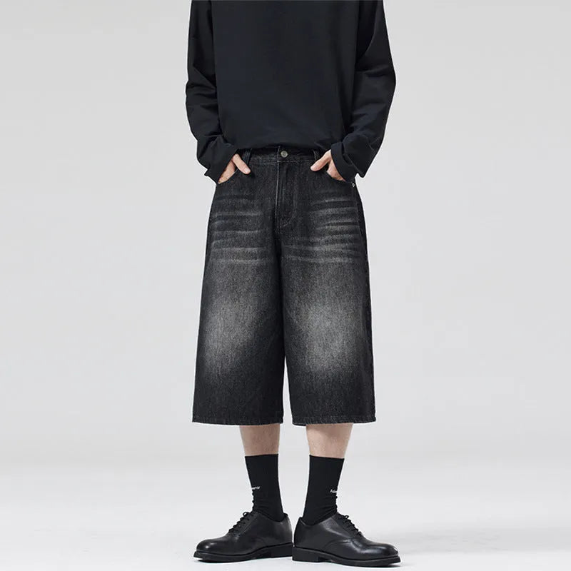 Men's loose straight leg denim summer shorts in cropped length showing light blue colour option