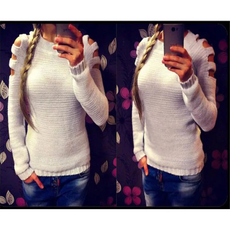 Women's solid grey knitted long sleeve pullover shirt with crocheted hollow-out texture detail.