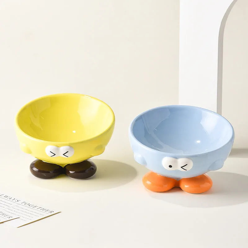 Blue oblique tall ceramic bowl for cat or dog food, designed for cervical spine support.