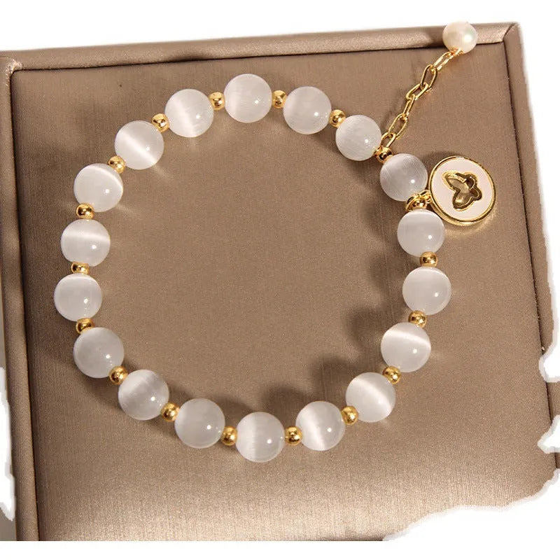 White crystal cat's eye bracelet with geometric Korean-style design for women
