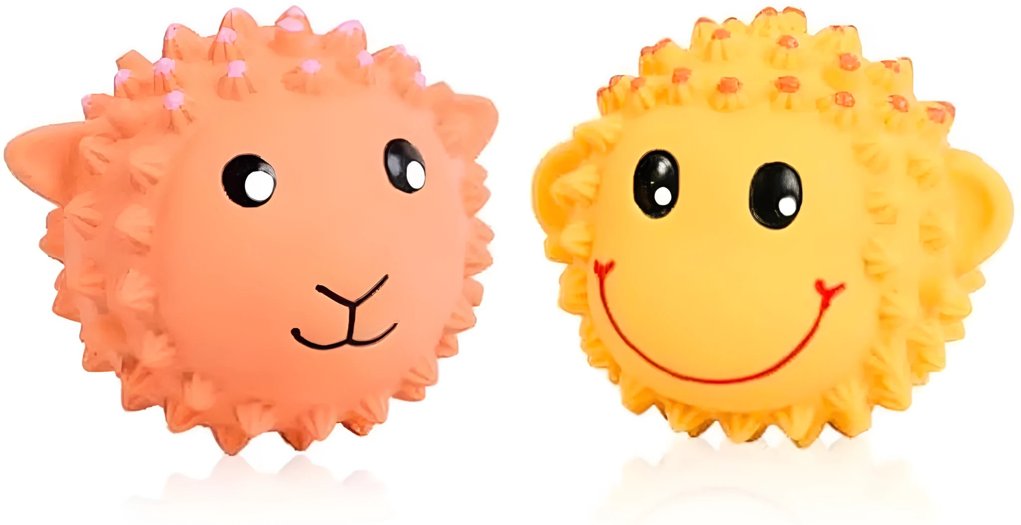 Orange and yellow spiky latex squeaky dog toy shaped like an animal, shown next to a tennis ball for size comparison.