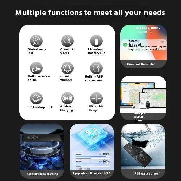 MFI FindMy AirTag compatible GPS tracking card with keychain in black