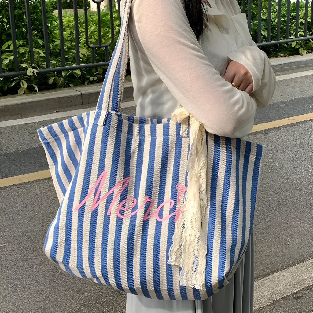 Blue and white striped cotton canvas bag with printed letter detailing for daily matching