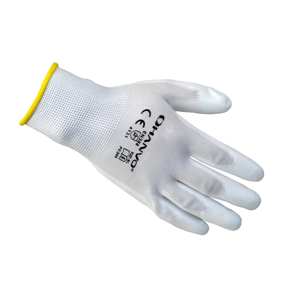 White PU coated labour gloves showing flexible design with extended 24cm length