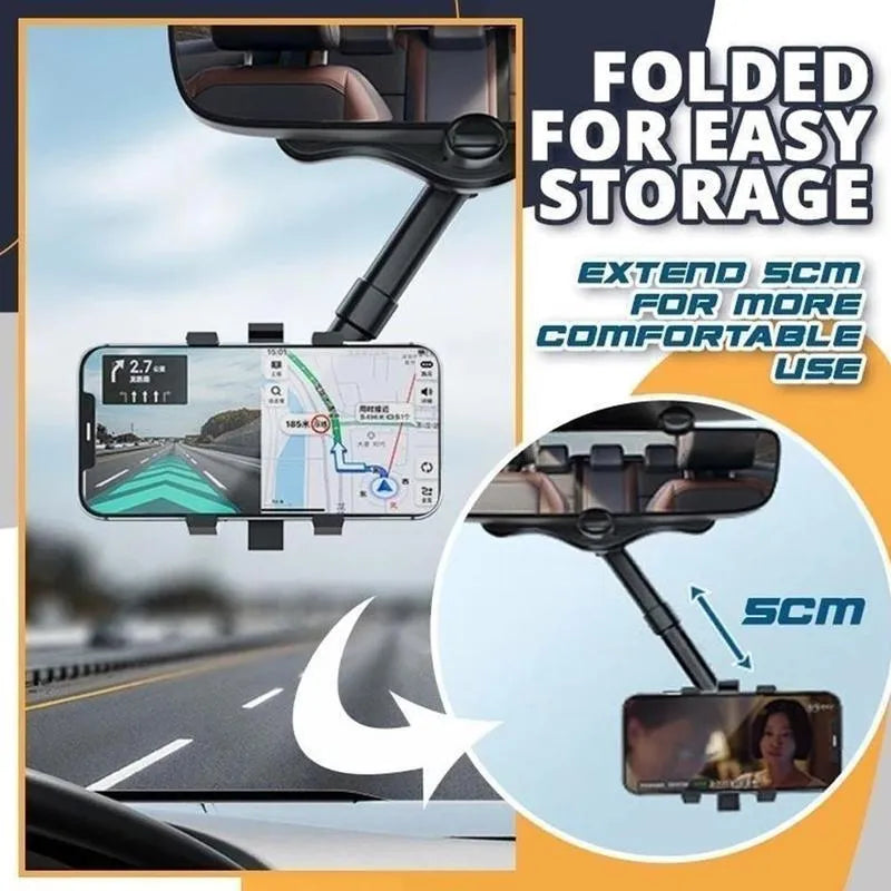 Black rearview mirror car phone holder with telescopic arm and four-claw phone grip in 360-degree rotation.