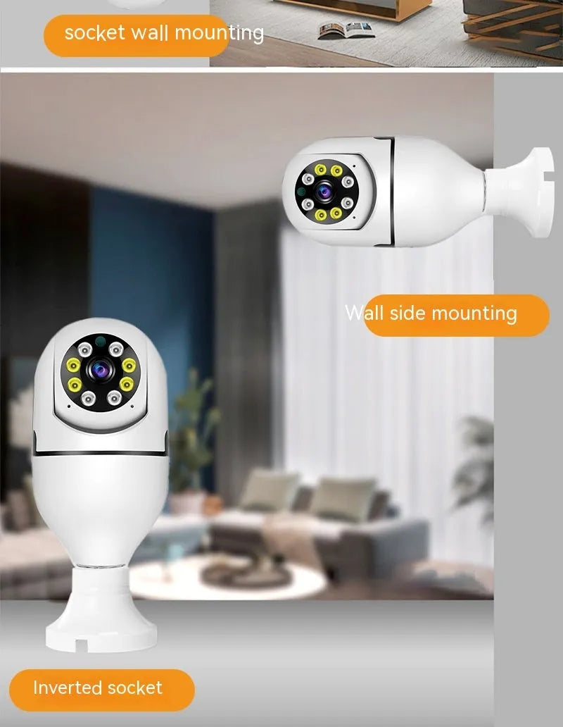 Wireless wifi security bulb camera with plastic and metal construction for indoor and outdoor 1080p monitoring.