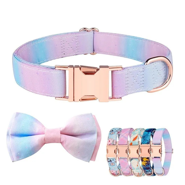 Pet collar with rose gold buckle and removable bow on polyester strap