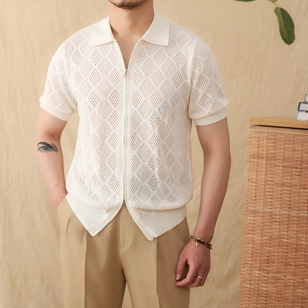 Light brown cotton cardigan with lapel collar, short sleeves, and front zipper
