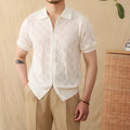 Light brown cotton cardigan with lapel collar, short sleeves, and front zipper