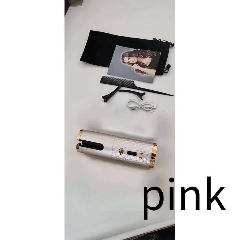 Golden cordless USB rechargeable curling iron with digital display and black flannel storage bag
