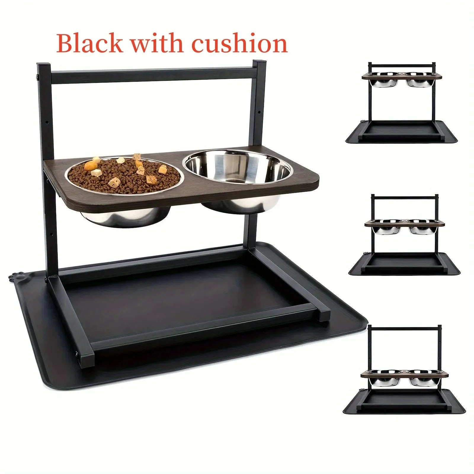 Large black iron elevated dog bowl rack with food and water bowls