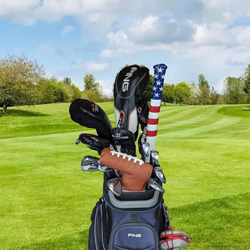 Black PU leather golf push rod head cover shown as a protective sleeve.