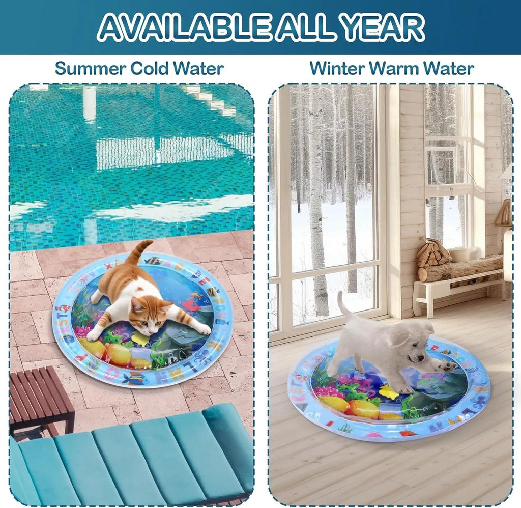 Thickened blue PVC water playmat for cats with ocean fish design and floating toys inside.