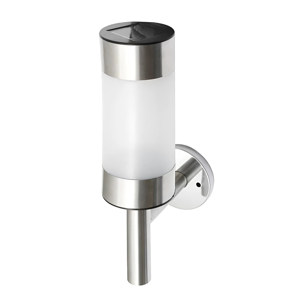 White solar-powered outdoor wall light with solar panel on top, showing plastic and stainless steel construction.