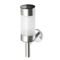 White solar-powered outdoor wall light with solar panel on top, showing plastic and stainless steel construction.