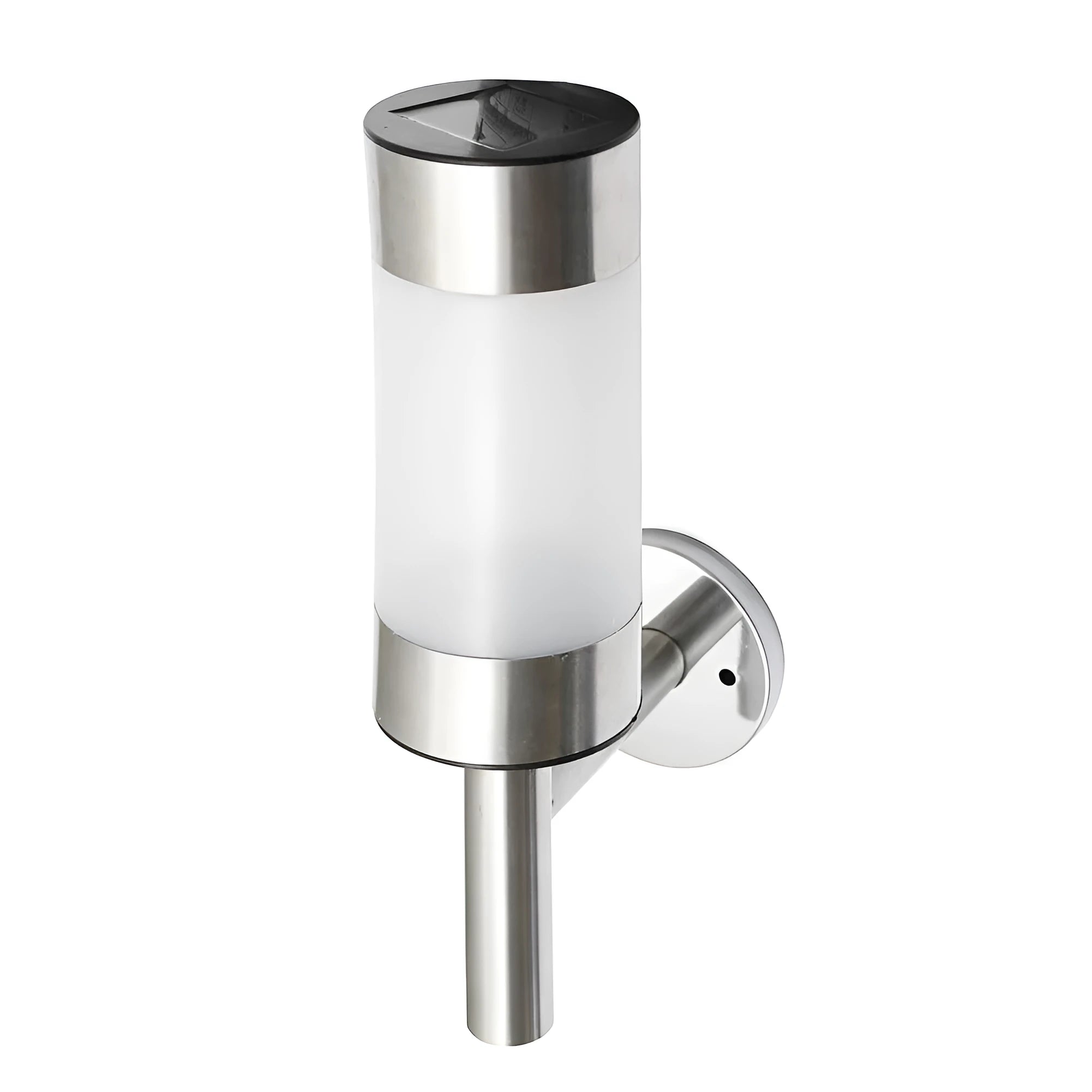 White solar-powered outdoor wall light with solar panel on top, showing plastic and stainless steel construction.