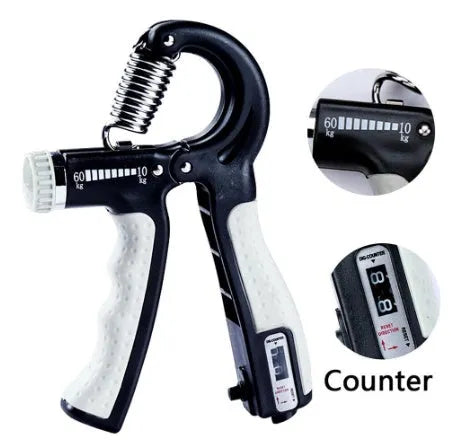 Black adjustable hand grip with mechanical counter, ABS and stainless steel, 16cm by 12cm