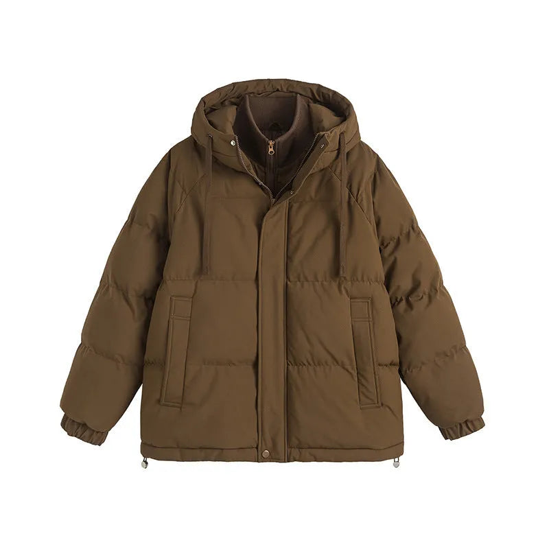 Winter fake fur cotton-padded coat in mustard yellow with loose cardigan styling and side pockets