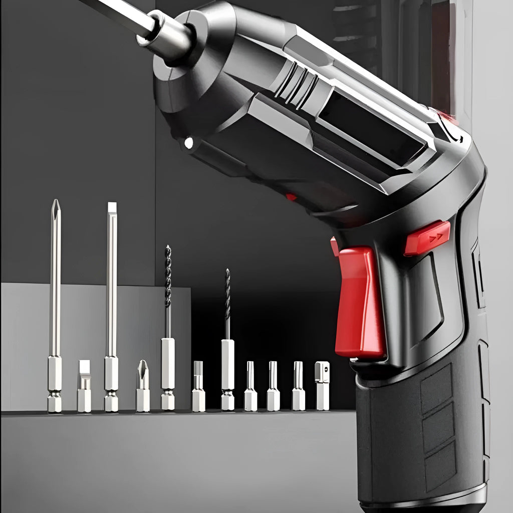 Cordless electric screwdriver tool with lithium battery and utility bag set for DIY home use.