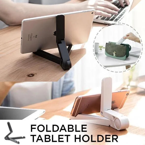 Black foldable tablet holder showing folded size and non-slip rubber surface for device protection