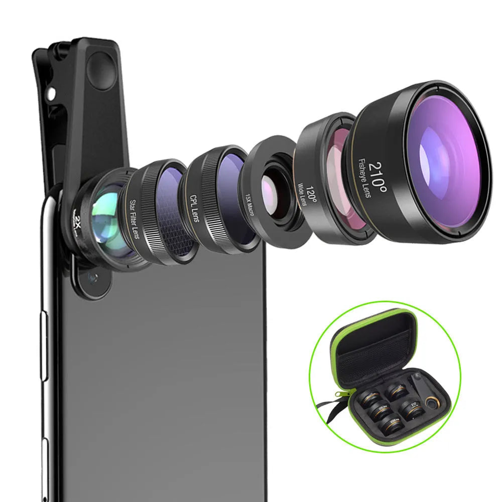 6-in-1 universal smartphone camera lens kit with aluminium housings and clip mount