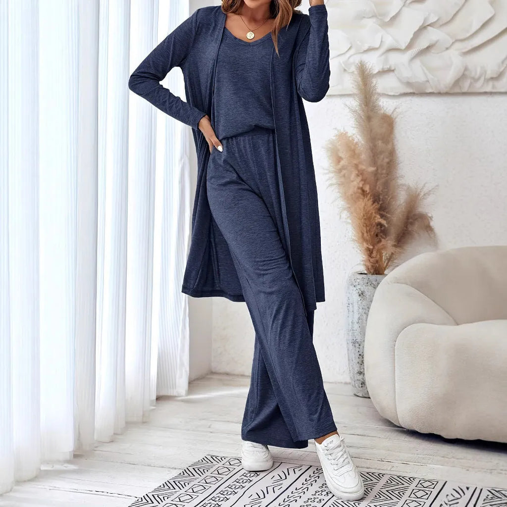 Blue women's three-piece casual suit with long cardigan, sling top and trousers in Japanese Korean style
