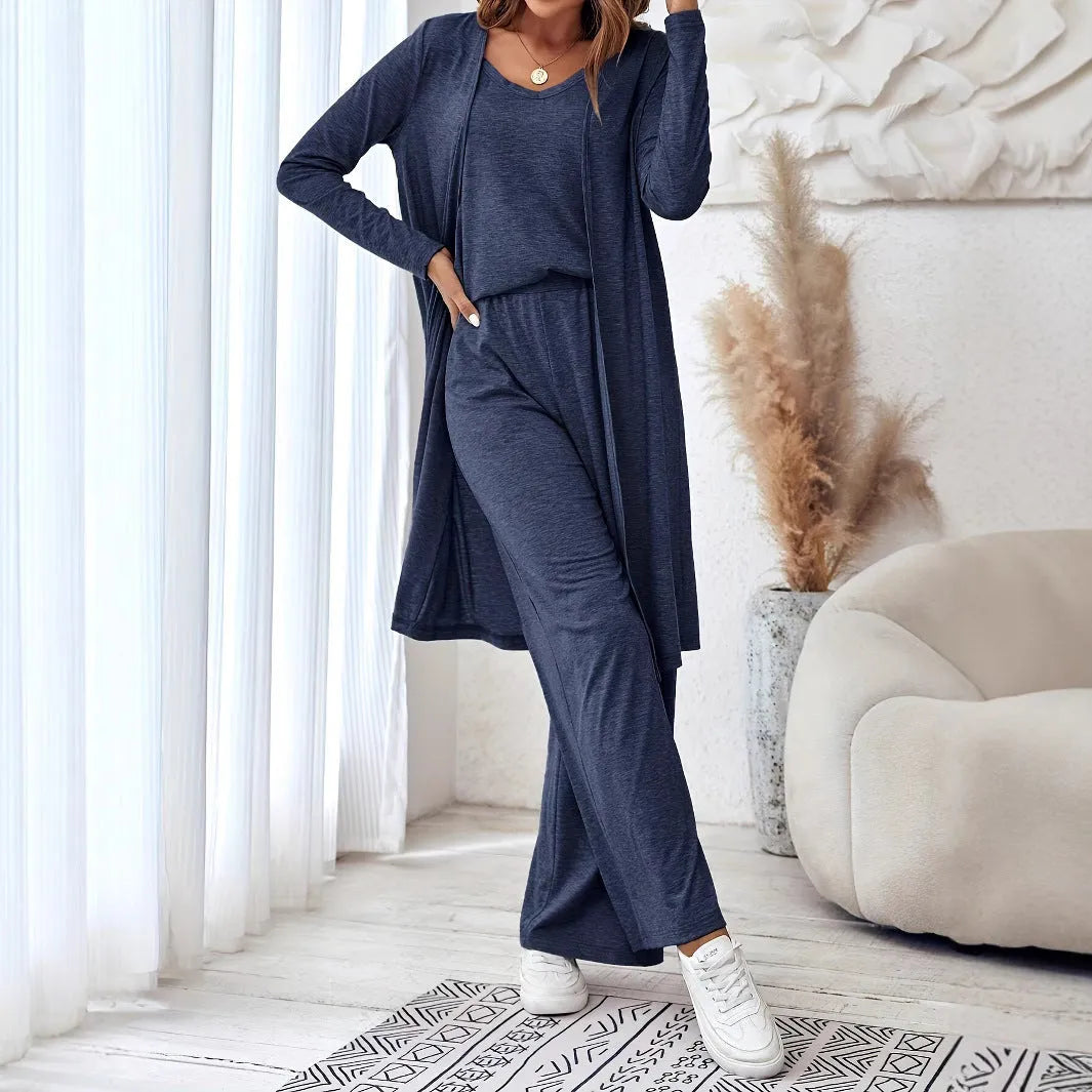 Blue women's three-piece casual suit with long cardigan, sling top and trousers in Japanese Korean style