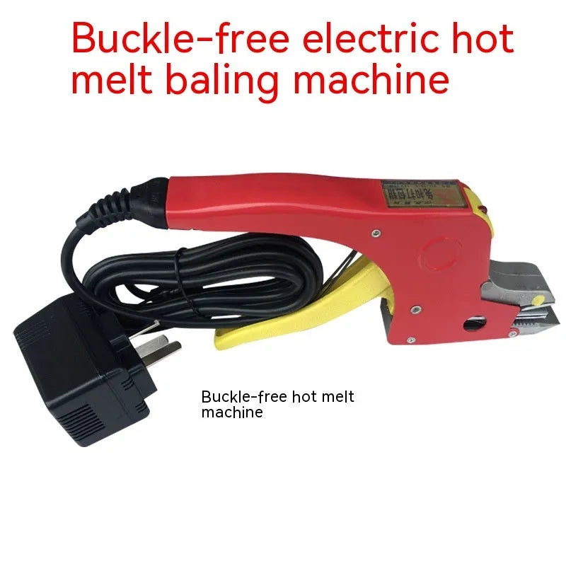 Electric hot melt packing machine with plastic steel tensioner and yellow packaging tape on work surface