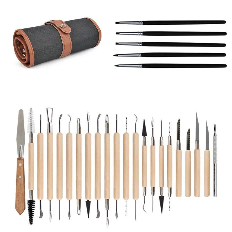 27-piece pottery clay tool set with roll bag containing wood and stainless steel sculpting tools