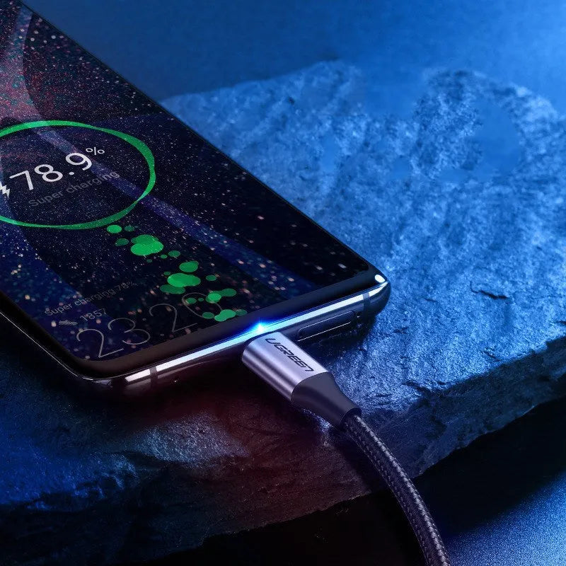 Ugreen black nylon braided USB Type-C to USB-A fast charging cable with alloy connectors.