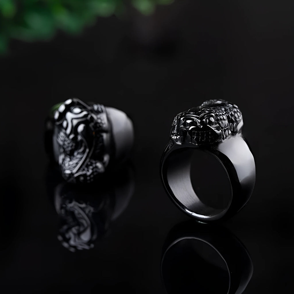 Men's obsidian Pixiu ring with natural gold sheen crystal in traditional Chinese design