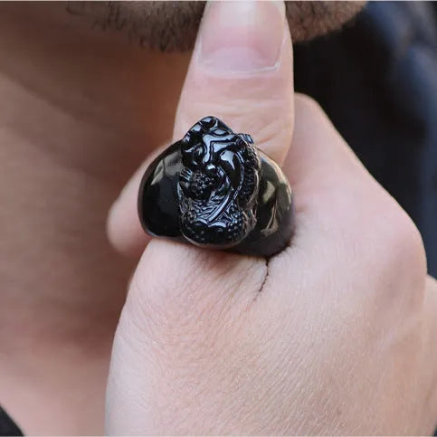 Men's obsidian Pixiu ring with natural gold sheen crystal in traditional Chinese design