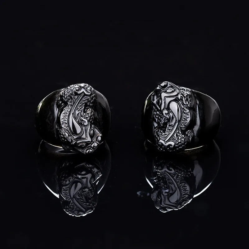 Men's obsidian Pixiu ring with natural gold sheen crystal in traditional Chinese design