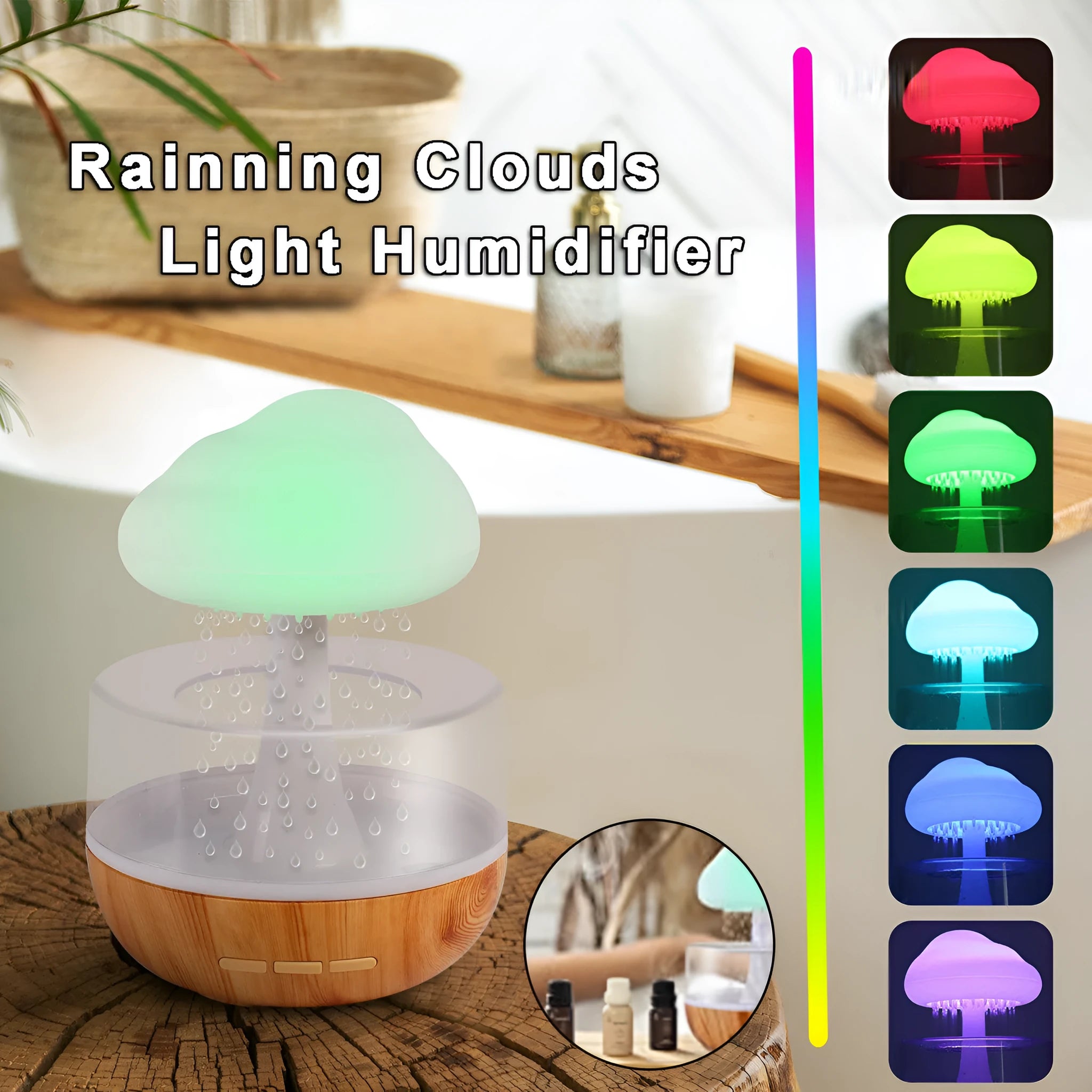 White cloud humidifier with LED night lights and USB charging cable