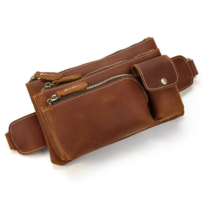 Men's first layer cowhide leather waist bag crossbody bag 24cm in dark brown with multiple zippered compartments